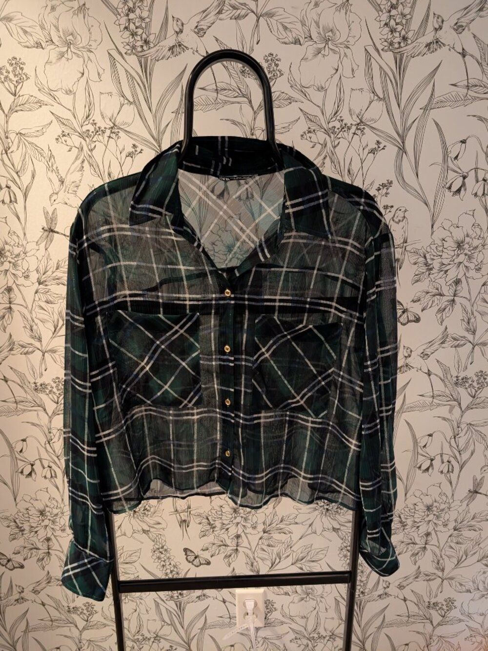 Zara Sheer Green Plaid Metallic Thread Button-Up Blouse Size Large